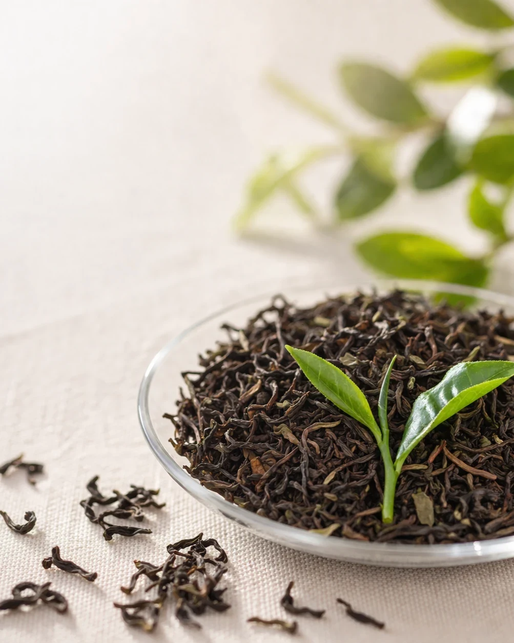 白い皿に盛られた茶葉と新芽