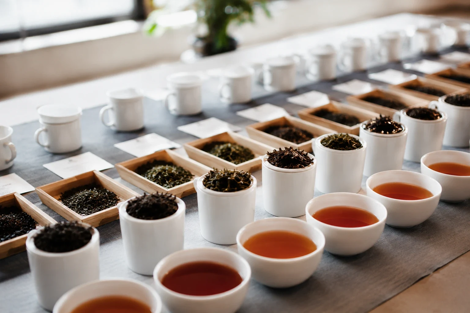 茶葉を手に取りブレンドを確かめる職人の手元