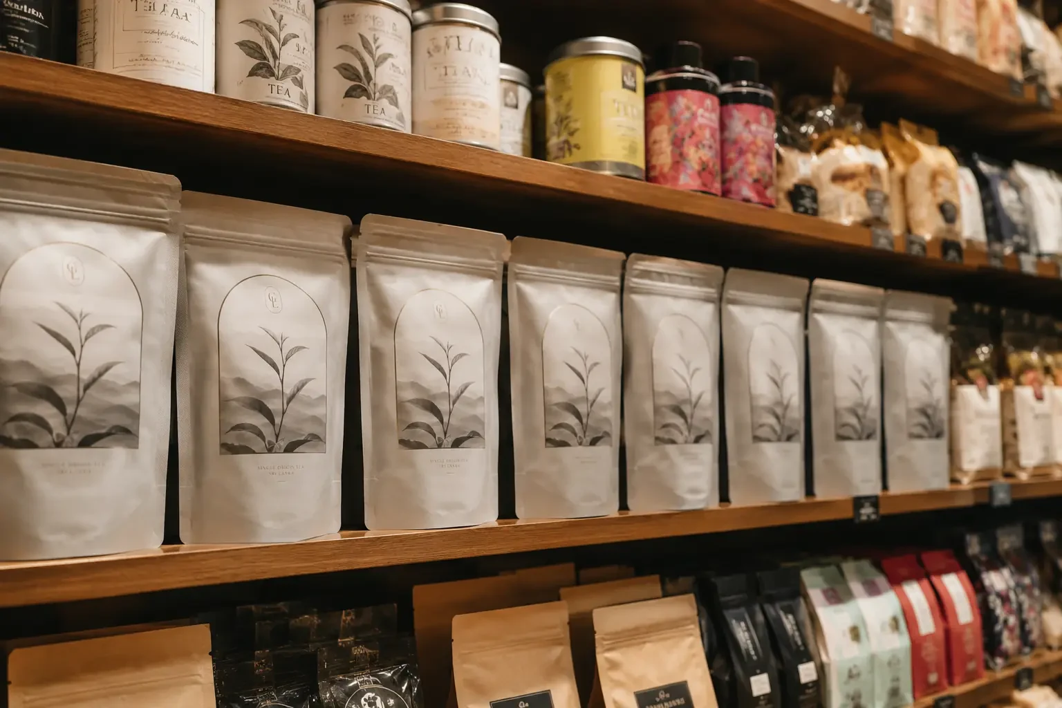 店頭の棚に整然と並ぶオリジナルブランドのティーパッケージ