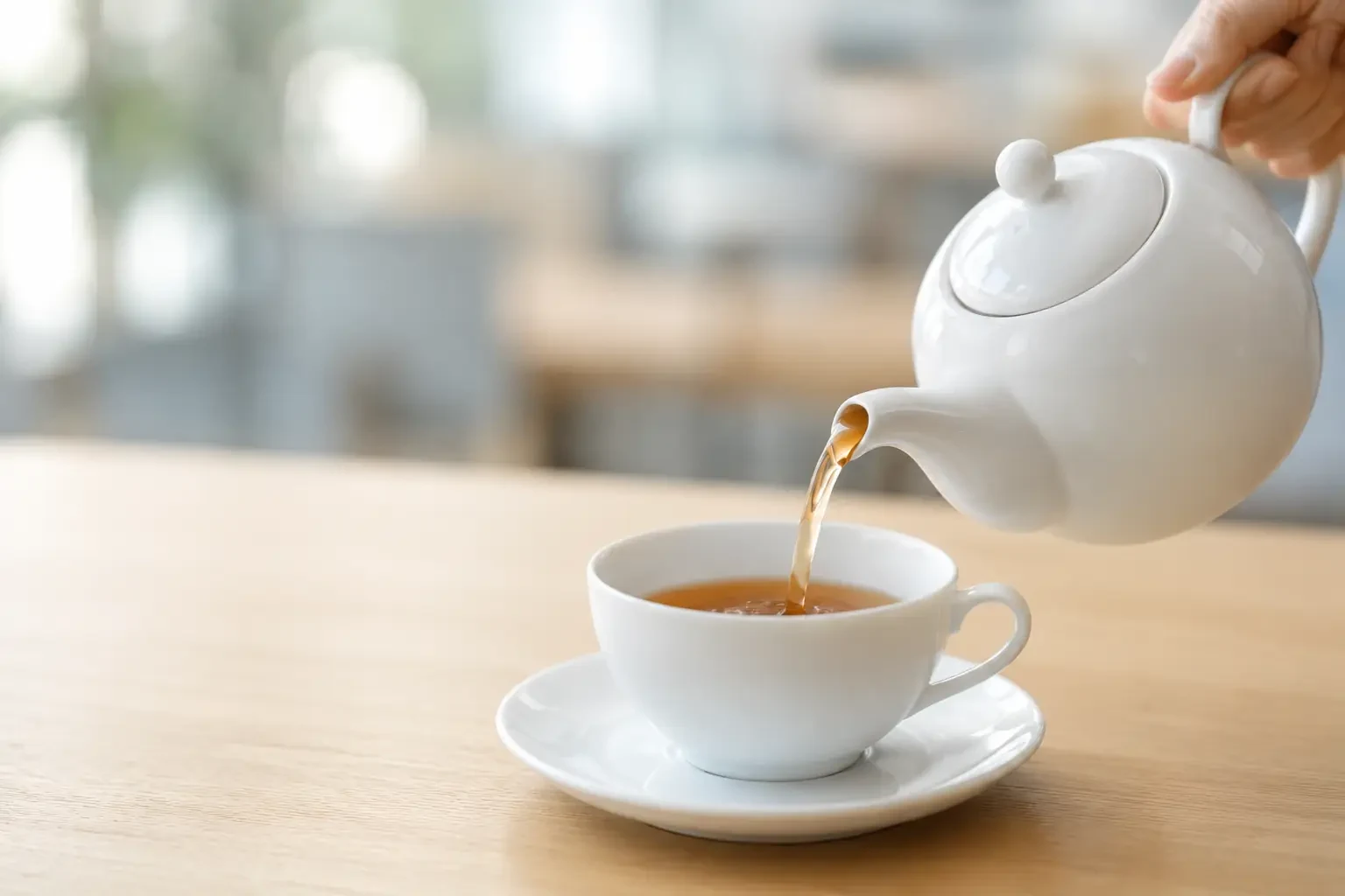 ラウンジでティーポットから紅茶を注ぐ様子